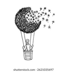 Fantasy hot air balloon with a dense cluster of dandelions blowing away.