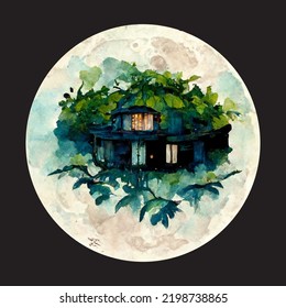 Fantasy House Covered In Vines Moon Lit Water Color In Circle. Black Background. Vector Illustration.