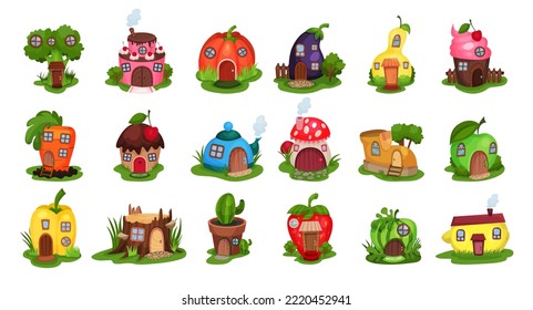 Fantasy House of Different Shape from Fairytale Rested on Green Lawn Big Vector Set