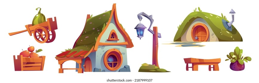 Fantasy house of dwarf or hobbit isolated objects. Cartoon fairytale dwelling in hillock, cottage, lantern, trolley with watermelon, wooden box with apples, bench and potted plant Isolated vector set svg