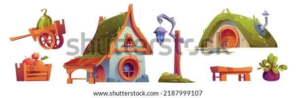 Fantasy house of dwarf or hobbit isolated objects.\
Cartoon fairytale dwelling in hillock, cottage, lantern, trolley\
with watermelon, wooden box with apples, bench and potted plant\
Isolated vector set