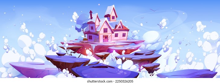 Fantasy house floating on island in blue sky with fluffy white clouds. Vector cartoon illustration of flying land platforms with winter landscape, rural cottage with red roof, snowy trees