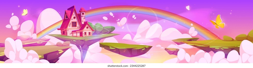 Fantasy house floating on magic island in sky. Vector cartoon illustration of fairy tale cottage flying on green land, rainebow, butterflies and shimmering particles around, game level platform