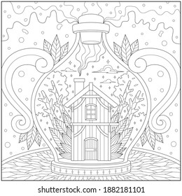 Fantasy house inside the bottle with tree and grass. Learning and education coloring page illustration for adults and children. Outline style, black and white drawing
