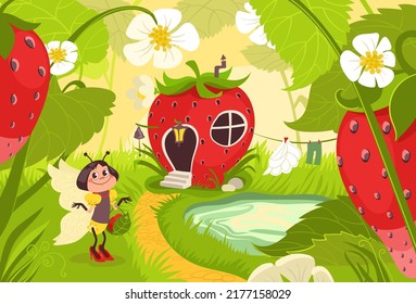 Fantasy house landscape. Fairytale strawberry shaped dwelling and cute citizen. Butterfly character. Imaginary insect. Berry homes. Fantastic garden cottages. Splendid