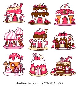 Fantasy house made of sweets and candy. Cute food with doors and windows. Hand drawn style. Vector drawing. Collection of design elements.