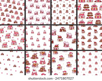 Fantasy house made of sweets and candy. Seamless pattern. Cute food with doors and windows. Hand drawn style. Vector drawing. Collection of design ornaments.