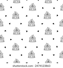 Fantasy house made of sweets and candy. Seamless pattern. Coloring Page. Cute food with doors and windows. Hand drawn style. Vector drawing. Design ornaments.