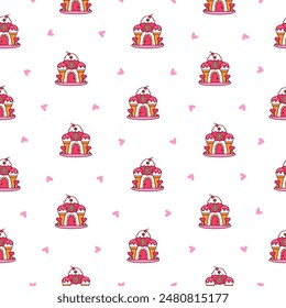 Casa de fantasía hecha de dulces y dulces. Patrón sin costuras. Comida linda con puertas y ventanas. Estilo dibujado a mano. Dibujo de Vector. Diseñar adornos.
