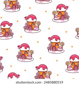 Casa de fantasía hecha de dulces y dulces. Patrón sin costuras. Comida linda con puertas y ventanas. Estilo dibujado a mano. Dibujo de Vector. Diseñar adornos.