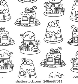 Casa de fantasía hecha de dulces y dulces. Patrón sin costuras. Página para colorear. Comida linda con puertas y ventanas. Estilo dibujado a mano. Dibujo de Vector. Diseñar adornos.
