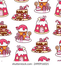Casa de fantasía hecha de dulces y dulces. Patrón sin costuras. Comida linda con puertas y ventanas. Estilo dibujado a mano. Dibujo de Vector. Diseñar adornos.