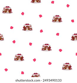 Casa de fantasía hecha de dulces y dulces. Patrón sin costuras. Comida linda con puertas y ventanas. Estilo dibujado a mano. Dibujo de Vector. Diseñar adornos.