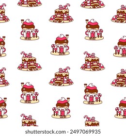 Fantasy house made of sweets and candy. Seamless pattern. Cute food with doors and windows. Hand drawn style. Vector drawing. Design ornaments.