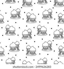 Fantasy house made of sweets and candy. Seamless pattern. Coloring Page. Cute food with doors and windows. Hand drawn style. Vector drawing. Design ornaments.
