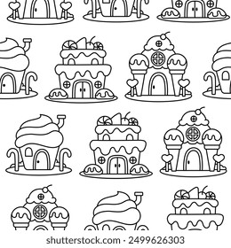 Fantasy house made of sweets and candy. Seamless pattern. Coloring Page. Cute food with doors and windows. Hand drawn style. Vector drawing. Design ornaments.