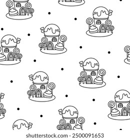 Fantasy house made of sweets and candy. Seamless pattern. Coloring Page. Cute food with doors and windows. Hand drawn style. Vector drawing. Design ornaments.