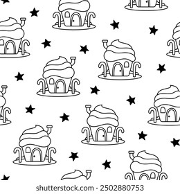 Fantasy house made of sweets and candy. Seamless pattern. Coloring Page. Cute food with doors and windows. Hand drawn style. Vector drawing. Design ornaments.