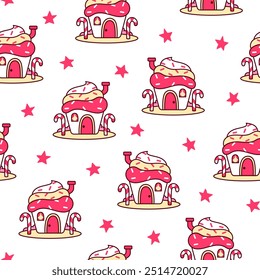 Casa de fantasía hecha de dulces y caramelos. Patrón sin fisuras. Linda comida con puertas y ventanas. Estilo dibujado a mano. Dibujo de Vector. Diseña adornos.