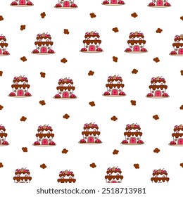 Fantasy house made of sweets and candy. Seamless pattern. Cute food with doors and windows. Hand drawn style. Vector drawing. Design ornaments.