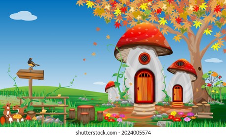 fantasy house in mushrooms with maple tree in Autumn, vector design