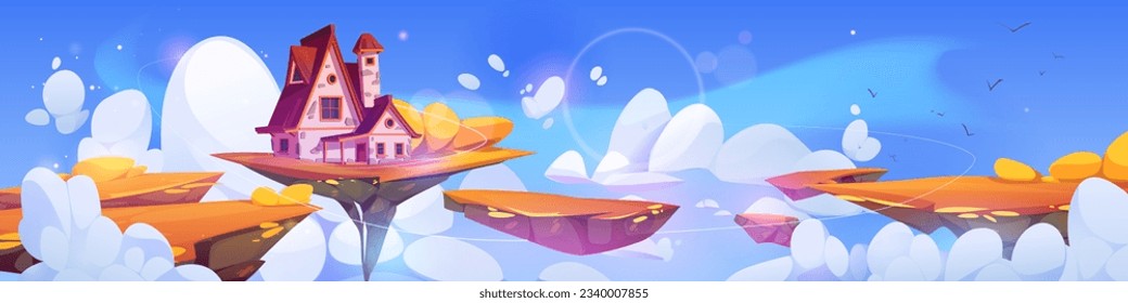 Fantasy house on floating island in autumn sky cartoon landscape. Magic fairytale rock platform flying high in cloud with small hut building nature ui vector concept for videogame environment.