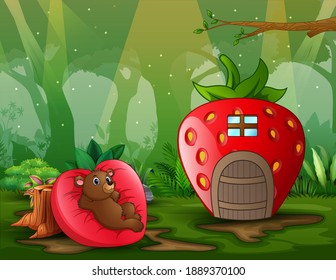Fantasy house scene with a bear relax on heart shaped bed