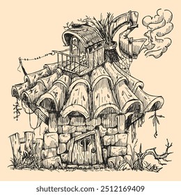 Fantasy house sketch, hand-drawn black ink illustration, whimsical architecture, rustic stone cottage, fairytale building, medieval style, detailed line art, vintage design, cozy home artistic drawing