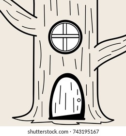 Fantasy house in the tree with door and window on beige. Vector illustration.