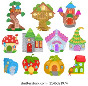 Fantasy house vector cartoon fairy treehouse and magic housing village illustration set of kids fairytale pumpkin or strawberry playhouse isolated on white background