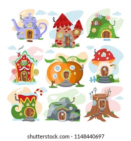 Fantasy house vector cartoon fairy treehouse and magic housing village illustration set of kids fairytale pumpkin or stone playhouse for gnome isolated on white background