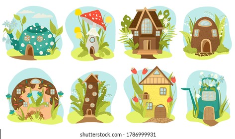 Fantasy houses set, fairy-tale houses isolated vector illustrations. Fairy treehouse and magic housing village, kids fairytale playhouse for gnome. Imagination home in form of cake, teapot, mushroom.