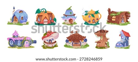 Fantasy houses set. Magic bungalows from children's imagination. Cute fairytale buildings with different shapes. Fairy tale architecture. Flat isolated vector illustrations on white background