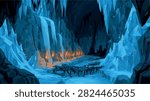 Fantasy Ice Cave with Glowing Torches and Frozen Waterfall