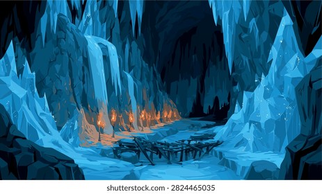 Fantasy Ice Cave with Glowing Torches and Frozen Waterfall