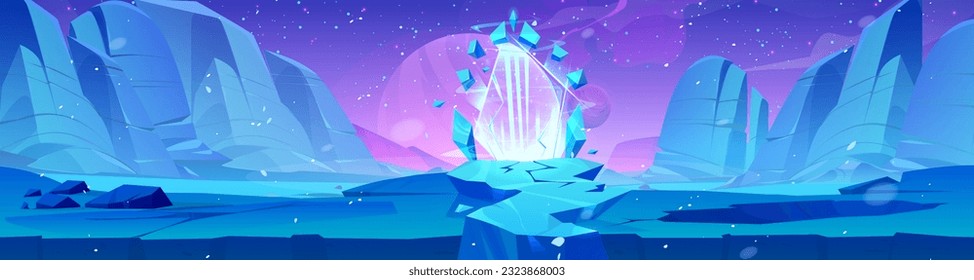 Fantasy ice space background with magic portal in winter. Frozen snow gate for travel to parallel dimension cartoon game panorama landscape. Vector futuristic fairy tale adventure scene with nobody