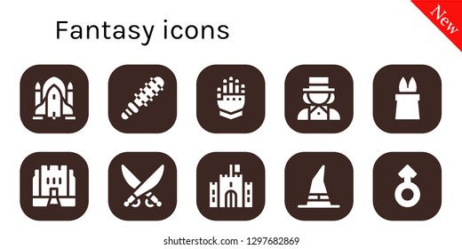  fantasy icon set. 10 filled fantasy icons. Simple modern icons about  - Rocket ship, Mace, Gauntlet, Magician, Magic, Medieval, Saber, Castle, Witch, Mars