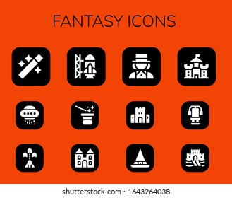 fantasy icon set. 12 filled fantasy icons.  Simple modern icons such as: Wand, Ufo, Spaceship, Rocket ship launch, Magician, Castle, Sand castle, Witch, Chest