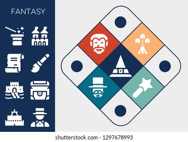  fantasy icon set. 13 filled fantasy icons. Simple modern icons about  - Witch, Castle, Magician, Sand castle, Chest, Spell, Broomstick, Fortress, Spaceship, Dracula, Magic wand