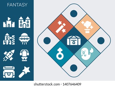 fantasy icon set. 13 filled fantasy icons.  Collection Of - Chest, Magic wand, Rocket, Ufo, Sand castle, Castle, Magic, Mars, Ghost