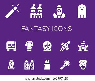 fantasy icon set. 14 filled fantasy icons.  Simple modern icons such as: Magic, Fortress, Rocket launch, Ghost, Rocket, Chest, Castle, Crystal ball, Magic wand, Dracula