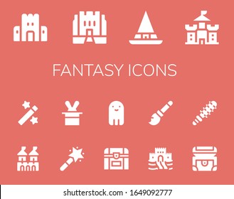 fantasy icon set. 14 filled fantasy icons. Included Sand castle, Medieval, Witch, Castle, Fortress, Magic, Magic wand, Magician, Chest, Ghost, Broomstick, Mace icons