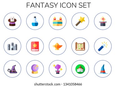 fantasy icon set. 15 flat fantasy icons.  Collection Of - magic, Castle, potion, tale, castle, magic lamp, magic wand, treasure map, witch hat, ball, witch