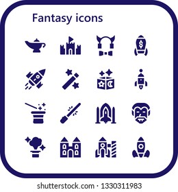 fantasy icon set. 16 filled fantasy icons.  Simple modern icons about  - Magic lamp, Sand castle, Devil, Rocket, Magic, Magician, Saber, Spaceship, Dracula, Castle, Rocket launch