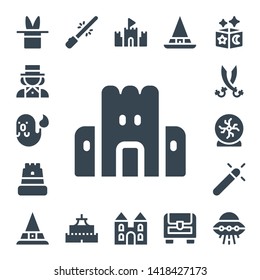 fantasy icon set. 17 filled fantasy icons.  Simple modern icons about  - Magic, Magician, Ghost, Sand castle, Castle, Sabers, Crystal ball, Witch, Saber, Chest, Ufo