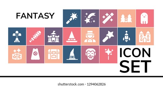  fantasy icon set. 19 filled fantasy icons. Simple modern icons about  - Magic wand, Spaceship, Magic, Superhero, Chest, Witch, Dracula, Wand, Mace, Castle, Magician, Rocket, Shooting star