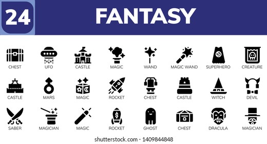 fantasy icon set. 24 filled fantasy icons.  Simple modern icons about  - Chest, Ufo, Castle, Magic, Wand, Magic wand, Superhero, Creature, Mars, Rocket, Witch, Devil, Saber, Magician