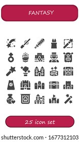 fantasy icon set. 25 filled fantasy icons. Included Shooting star, Saber, Mace, Magic, Magic wand, Mars, Gauntlet, Sand castle, Magician, Monster, Castle, Chest, Superhero icons