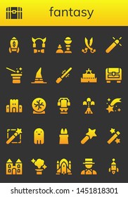 fantasy icon set. 26 filled fantasy icons.  Collection Of - Rocket, Chest, Devil, Magic trick, Sabers, Magic, Magician, Witch, Saber, Castle, Sand castle, Crystal ball, Spaceship