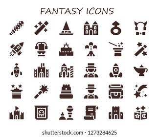  fantasy icon set. 30 filled fantasy icons. Simple modern icons about  - Mace, Wand, Witch, Castle, Mars, Devil, Rocket, Chest, Spaceship, Magician, Magic, Rocket launch, Magic lamp
